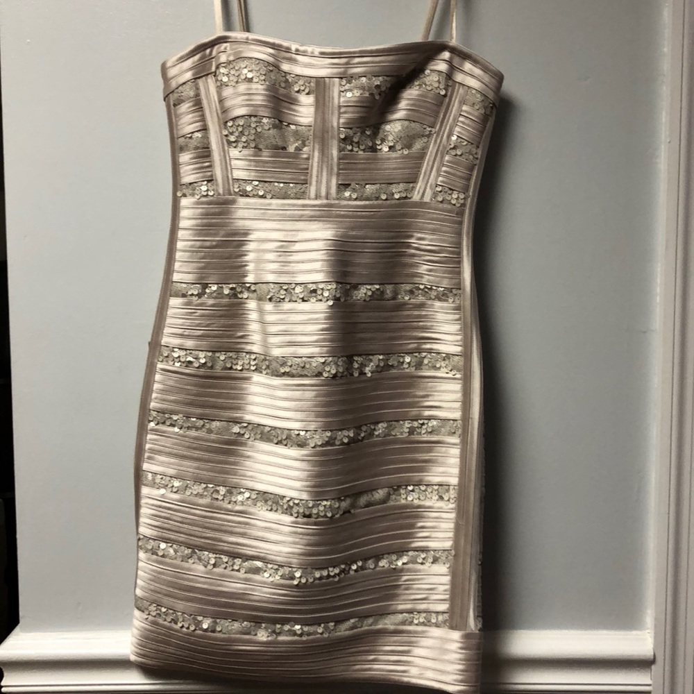 Stunning champagne sequin and satin cocktail dress